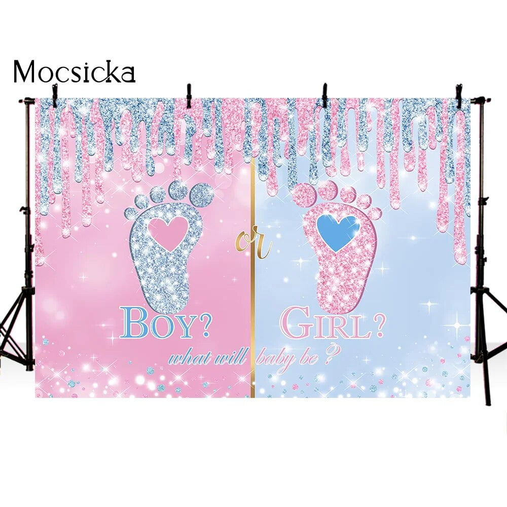 Little Feet Gender Reveal Backdrop Boy Or Girl Party Decoration Pink