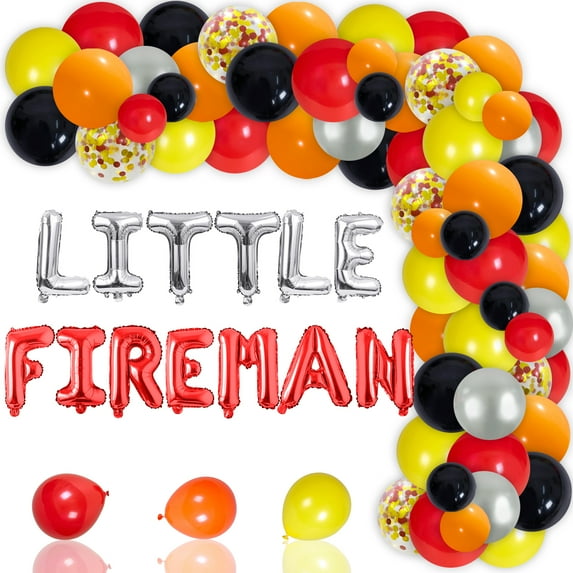 Little Fireman Birthday Party Supplies, Fire Truck Birthday Decoration, Red Orange Yellow Latex Balloons Arch Kit, Fire Engine Foil Balloons for Boys Adults Fire Themed Birthday Party Supplies
