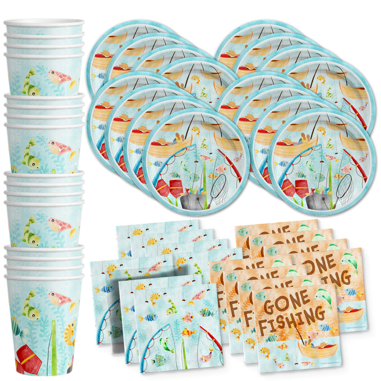 Little Fishing Birthday Party Supplies Set Plates Napkins Cups Tableware  Kit for 16