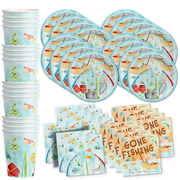 Little Fishing Birthday Party Supplies Set Plates Napkins Cups Tableware Kit for 16