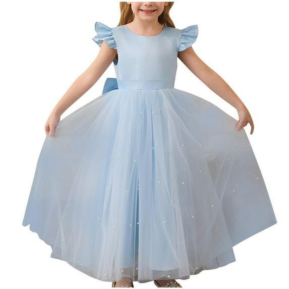 Little Flower Girl Tulle Tutu Dress Cotton Ribbed Birthday Wedding Party Princess Dresses Light Blue 3-4 Years