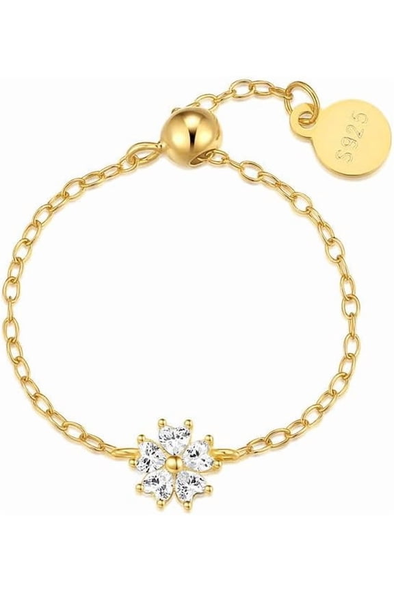 Little Flower Ring for Women 925 Sterling Silver Cubic Zirconia Floral Link Chain Statement Ring Promise Engagement Rings Adjustable Finger Band