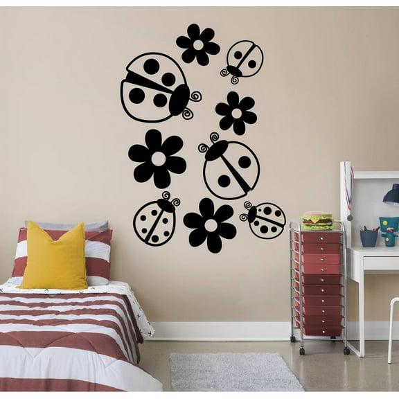 Little Flowers Ladybug Ladybugs Lady Bug Bugs Cute Animal Insect Vinyl Design Wall Sticker Art Decal Boy Girl Kid Room Bedroom Nursery Kinder Playroom Home Decor Stickers Decoration Size (40x24 inch)