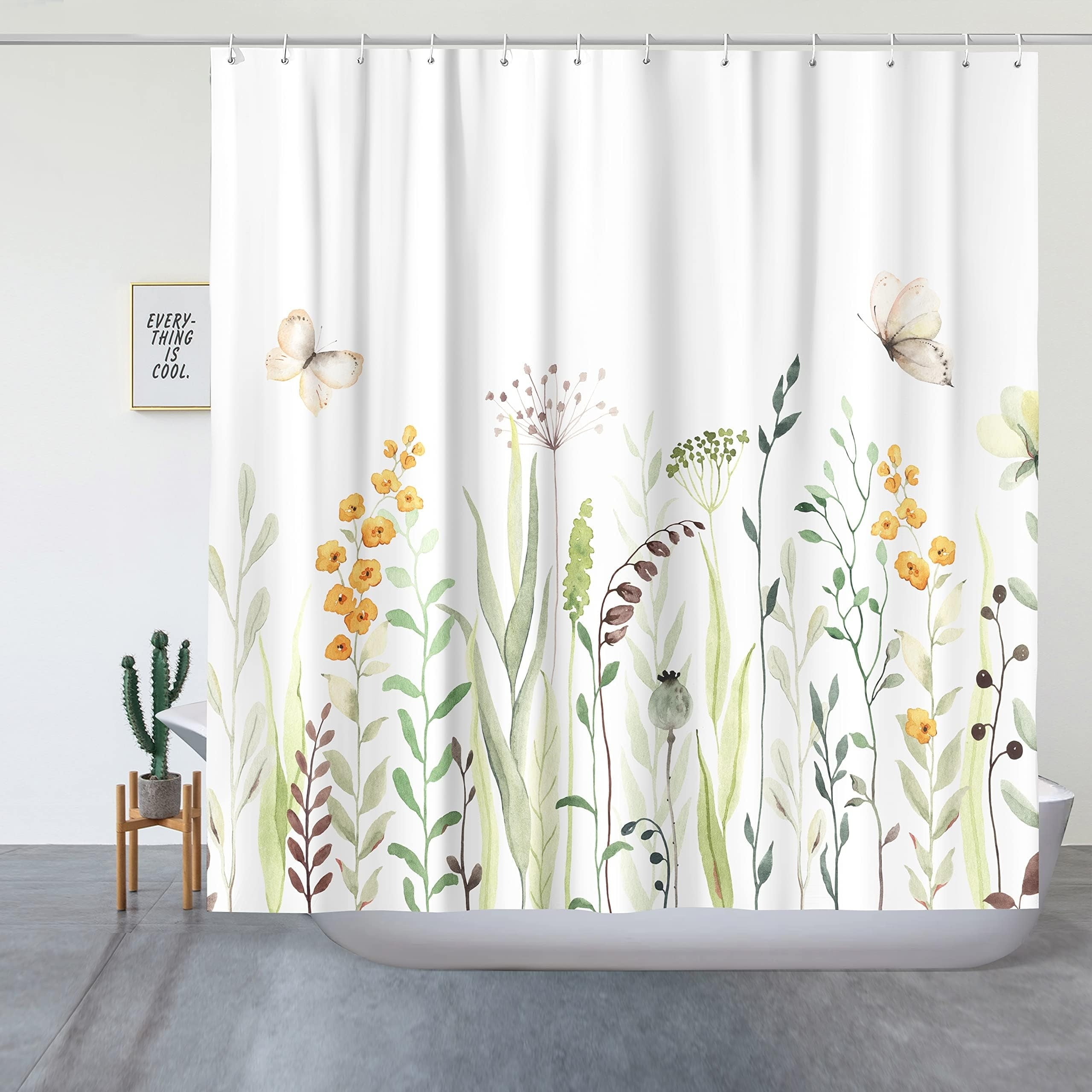White Fabric Shower Curtain with Botanical Print and Hooks