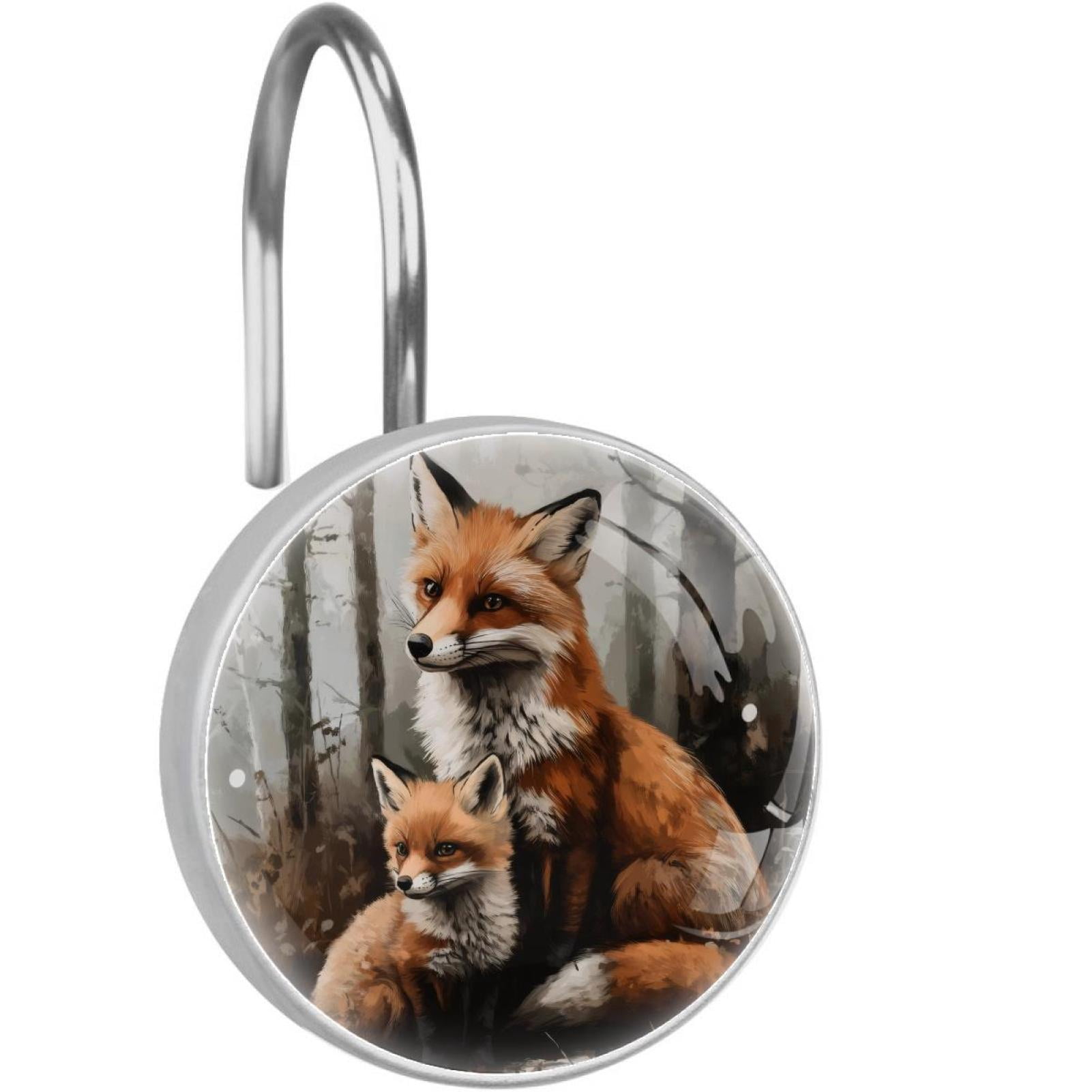 Little Fox Cub and Mother Shower Curtain Hooks Round Crystal Glass, Set of 12 Shower Curtain Rings - Shower Hooks for Curtain Shower Rings