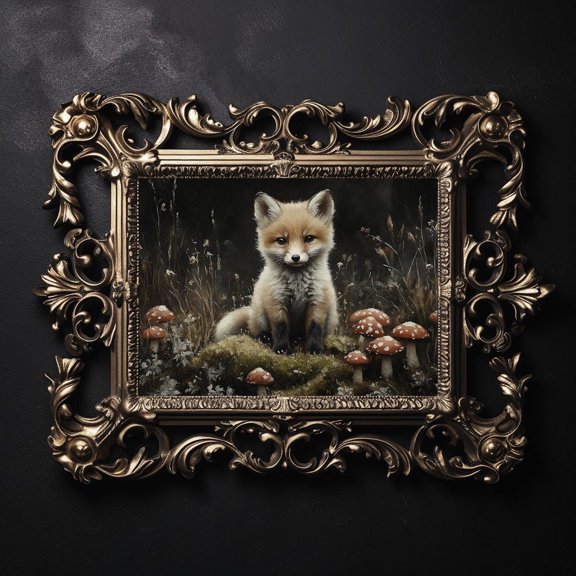 Little Fox In Moody Forest Wall Art Print, Botanical Dark Academia Woodland, Animal Forestcore Cottagecore, Botanical Home And Bedroom Decor