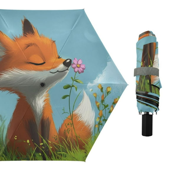 Little Fox Smell The Flower Grass All Weather Umbrella Triple Folding Parasol 6 Ribs UV Protection Portable