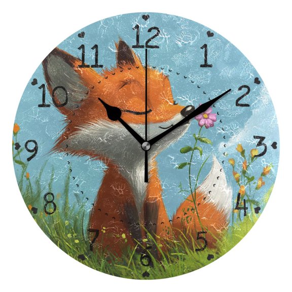 Little Fox Smell The Flower Grass Round Wall Clock Silent Analog Battery Operated Black Pointer Home Decor 9.84" Diameter