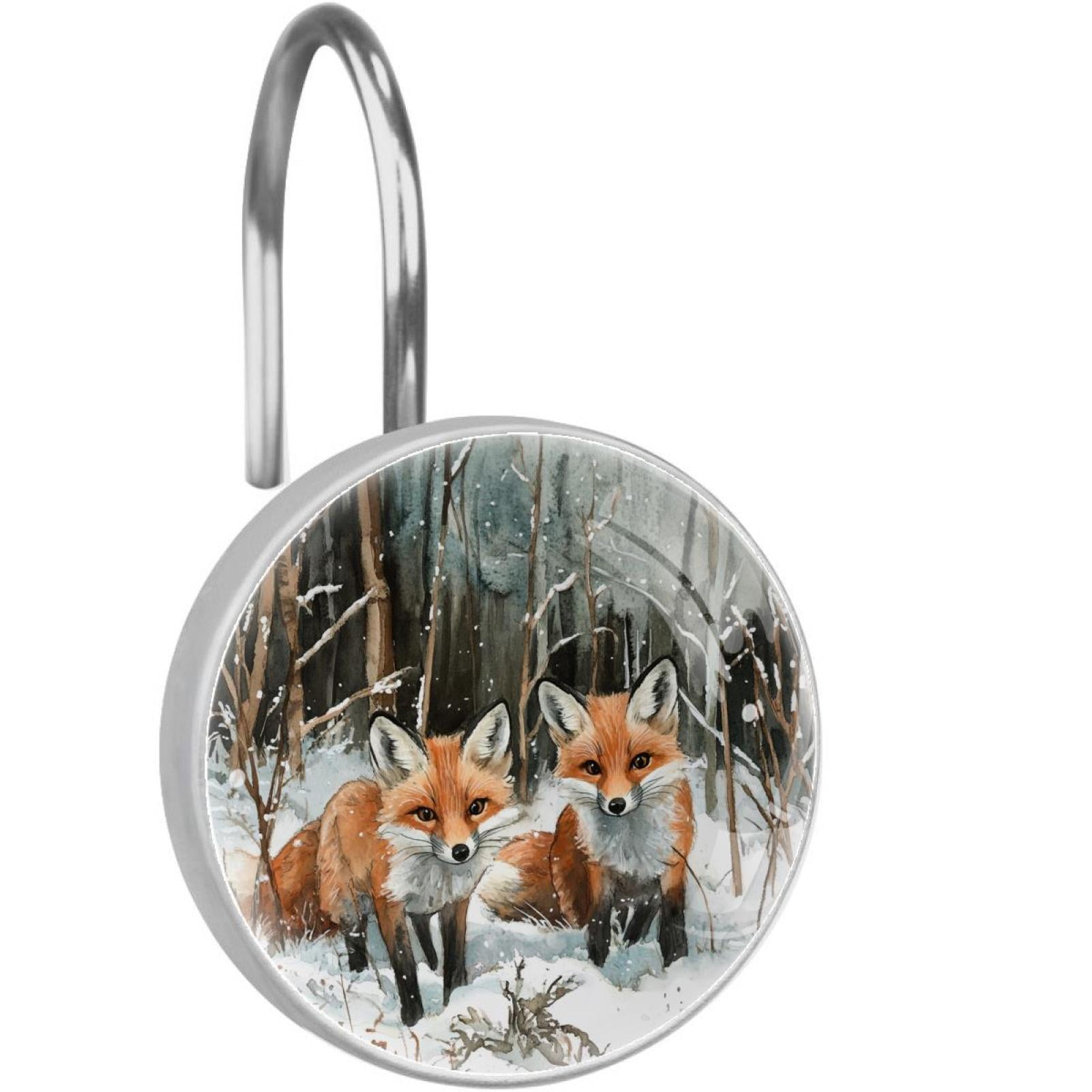 Little Foxes Snow Shower Curtain Hooks Round Crystal Glass, Set of 12 Shower Curtain Rings - Shower Hooks for Curtain Shower Rings
