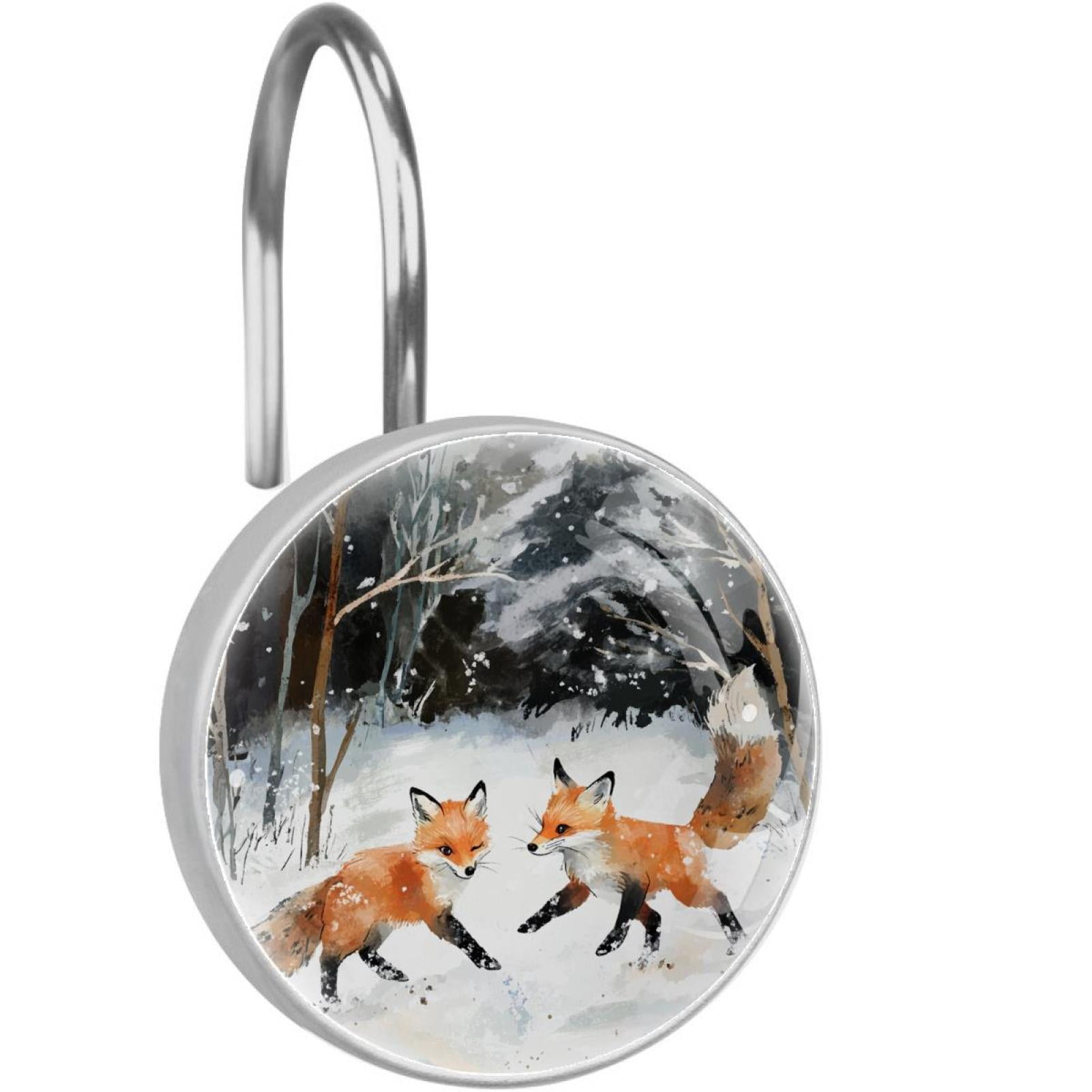 Little Foxes on Snow Shower Curtain Hooks Round Crystal Glass, Set of 12 Shower Curtain Rings - Shower Hooks for Curtain Shower Rings