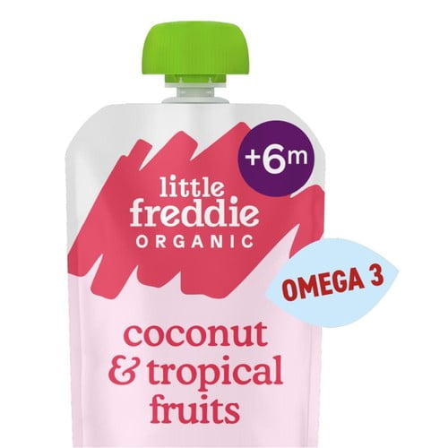 Little Freddie Organic Good for Brains Coconut & Tropical Fruits Pouch 6+ M 90g, British Import (Pack of 2)