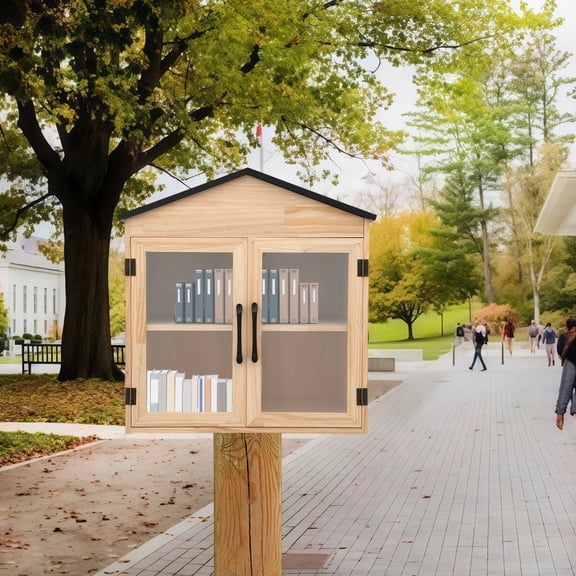 2 Tiers Library Book Box with 2 Doors, Modern Style Wooden Book Cabinet, Literature Exchange Cabinet for Sharing Book