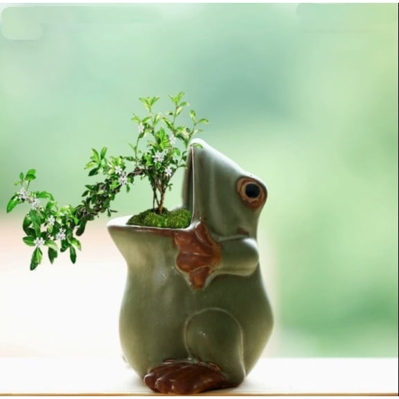 Little Frog Ceramic Planter Cute Animal Frog Shaped Flower Pot for Home Decor, Garden Decoration, Succulent Pot with Drainage Hole & Saucer