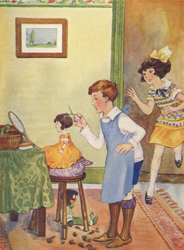 Little Frolic 1925 Cutting dollys hair Canvas Art - Unknown (18 x 24)