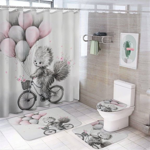 Little Furry Boy On A Bicycle With Balloons Shower Curtain Sets 4 Piece with Non-Slip Rugs Toilet Lid Cover And Bath Mat Spring Summer Waterproof Personality Pattern Bath Curtain for Bathroom Decor