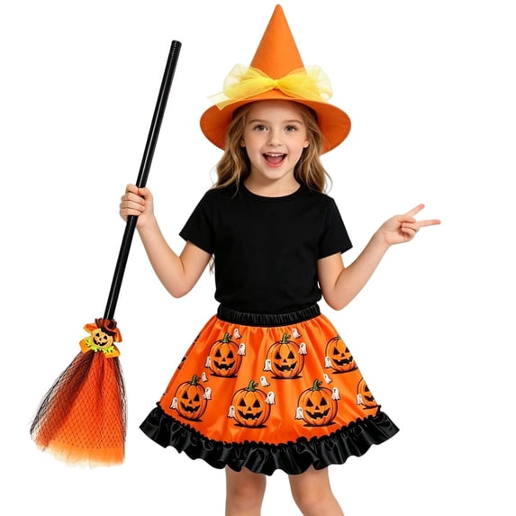 Little G`irls All Over Jack-o'-Lantern Print Tutu Skirt Halloween Party Dress Up Kit with Hat and Broom