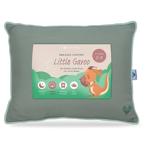 Little Garoo Organic Cotton Toddler Pillow, First Pillow, Sage, 14x19 Pillows for Sleeping, Safe Built-in Pillowcase, Machine Washable, Toddler Bed and Travel Pillow