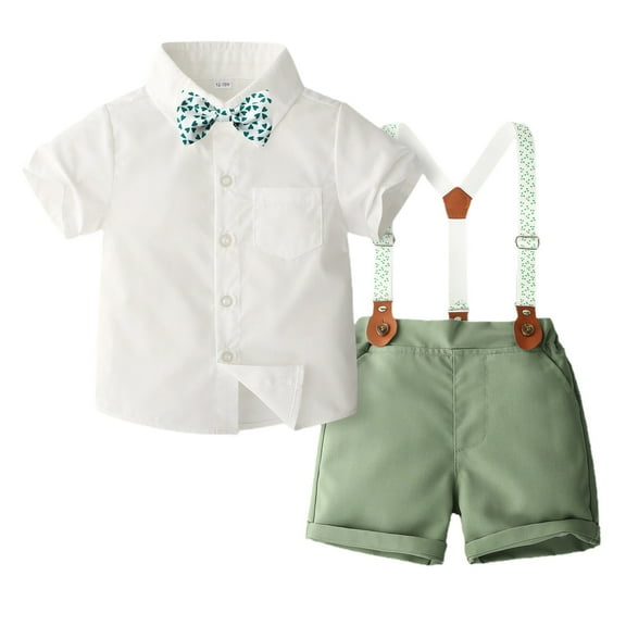 Little Gentleman Outfits for Boys Summer Wedding Collared Shirt Suspender Shorts Bowtie School Formal Short Set 18 Months, Green