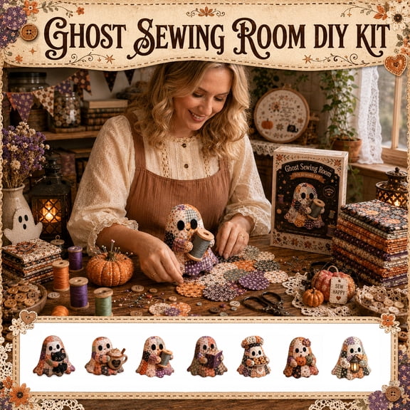 Little Ghost Cozy Halloween DIY Patchwork Sewing Kit, Pre-Cut Fabric Craft Set with Step-by-Step Guide, Handmade Plush Doll Making Activity for Teens & Adults, Calming Mindful Crafting Project