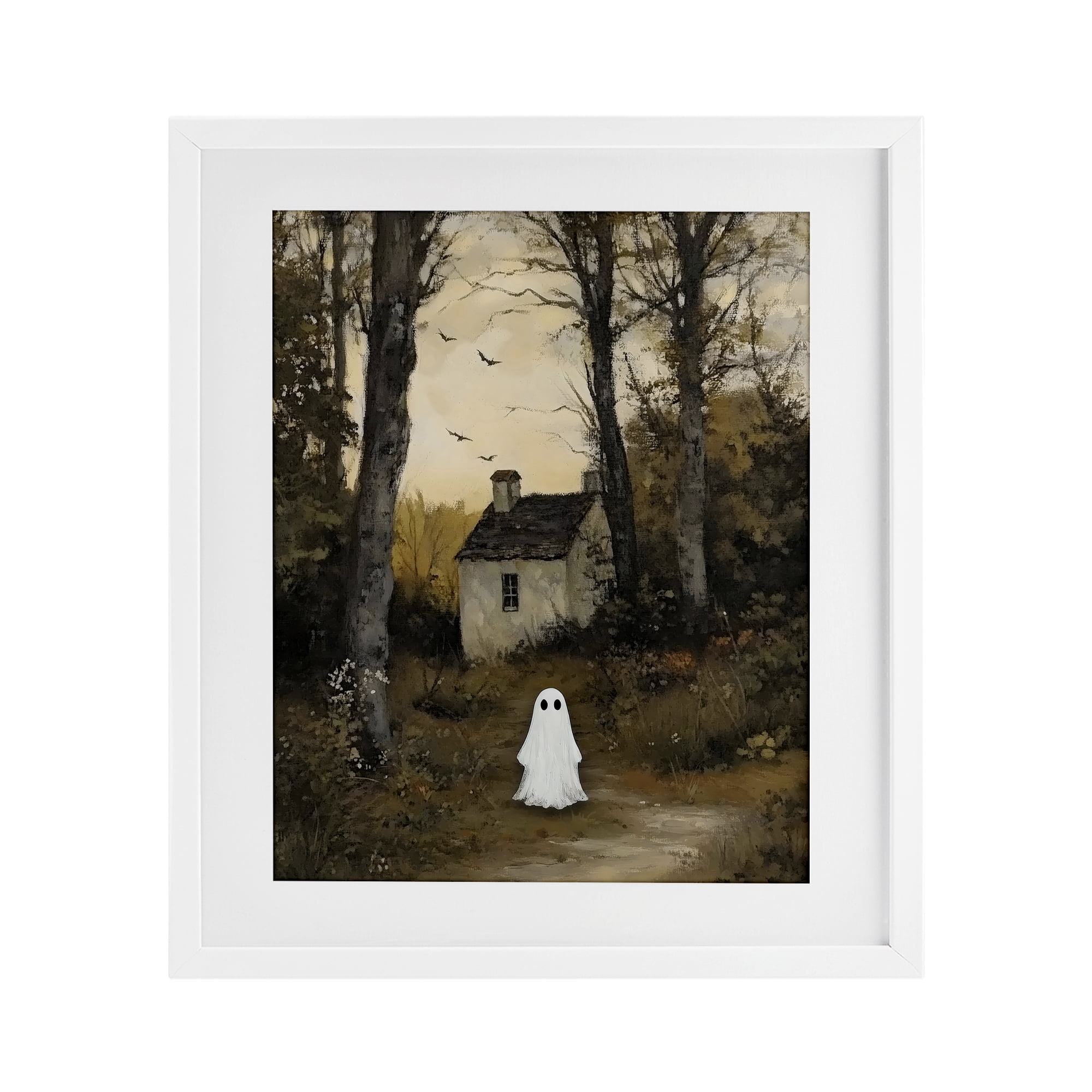 Little Ghost in Cottage Forest White Framed Print Under Glass, design by Arlington Prints