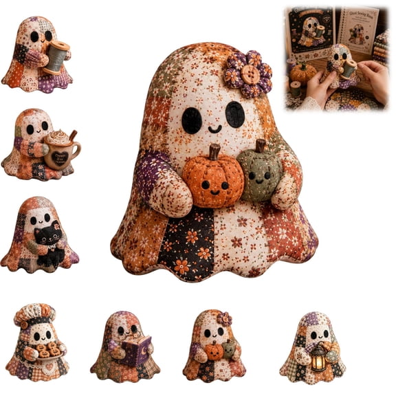 Little Ghost's Cozy Halloween DIY Patchwork Kit, 7 Styles Cute Ghost Plush Sewing Craft Set with Pre-Cut Fabric Stuffing, Handmade Doll Making Kit for Halloween Decor Craft Lovers Gift