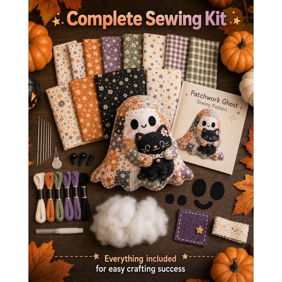 Little Ghost's Cozy Halloween DIY Patchwork Kit, Cute Ghost Plush Sewing Craft Kit with Pre-Cut Fabric and Accessories, Handmade Halloween Decor Project for Adults Beginners, 6 Styles (E)