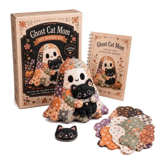 Little Ghost’s Cozy Halloween DIY Patchwork Kit , DIY Patchwork Ghost Kit, 3D Ghost Sewing Kit for Adults &Beginners,Halloween Decorations & Gift-Ghost Cat Mom
