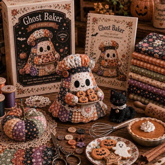 Little Ghost’s Cozy Halloween DIY Patchwork Kit – Perfect for Sewing Room Decor & Fall Craft Lovers (Ghost Baker)