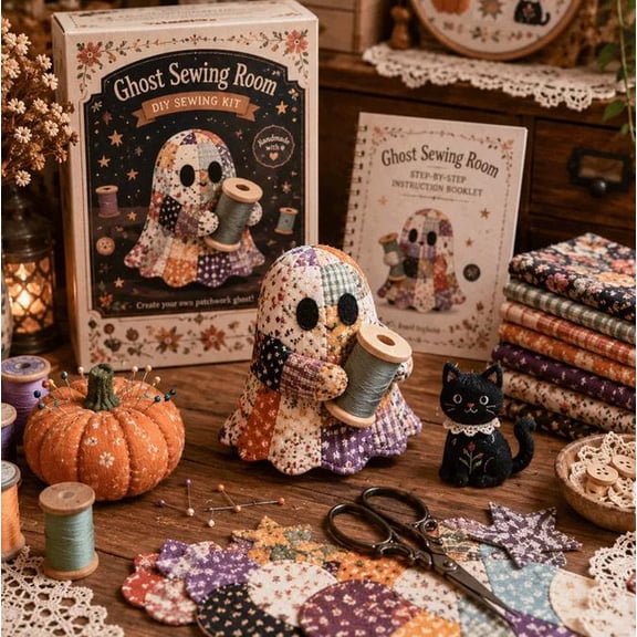 Little Ghost’s Cozy Halloween DIY Patchwork Kit – Perfect for Sewing Room Decor & Fall Craft Lovers (Ghost Sewing Room)