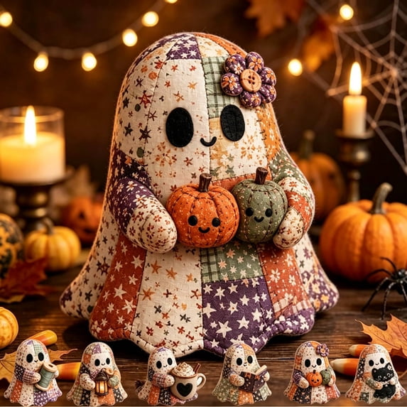 Little Ghost's Cozy Halloween DIY Patchwork Kit, with Pre-Cut Fabric, Stuffing & Accessories, Halloween Decoration & Gift(F)
