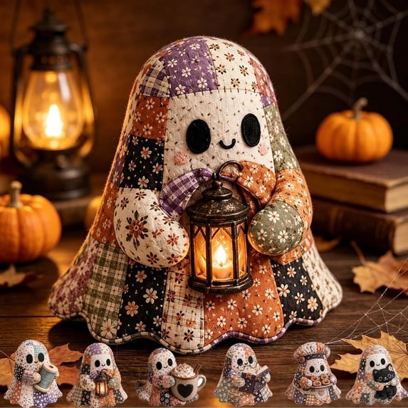 Little Ghost's Cozy Halloween DIY Patchwork Kit, with Pre-Cut Fabric, Stuffing & Accessories, Halloween Decoration & Gift(G)