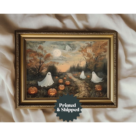 Little Ghosts Pumpkin Patch Wall Art Print, Vintage Halloween Landscape Decor