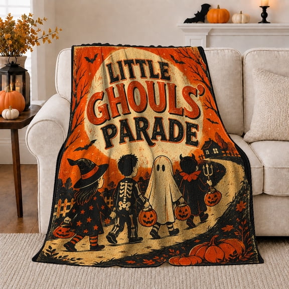 Little Ghouls' Parade autumn celebration Costumes, Festive autumn celebration Scene, Warm Flannel Blanket for Living Room and Family Room, Art Lovers autumn celebration Gift, Festive Home Decor