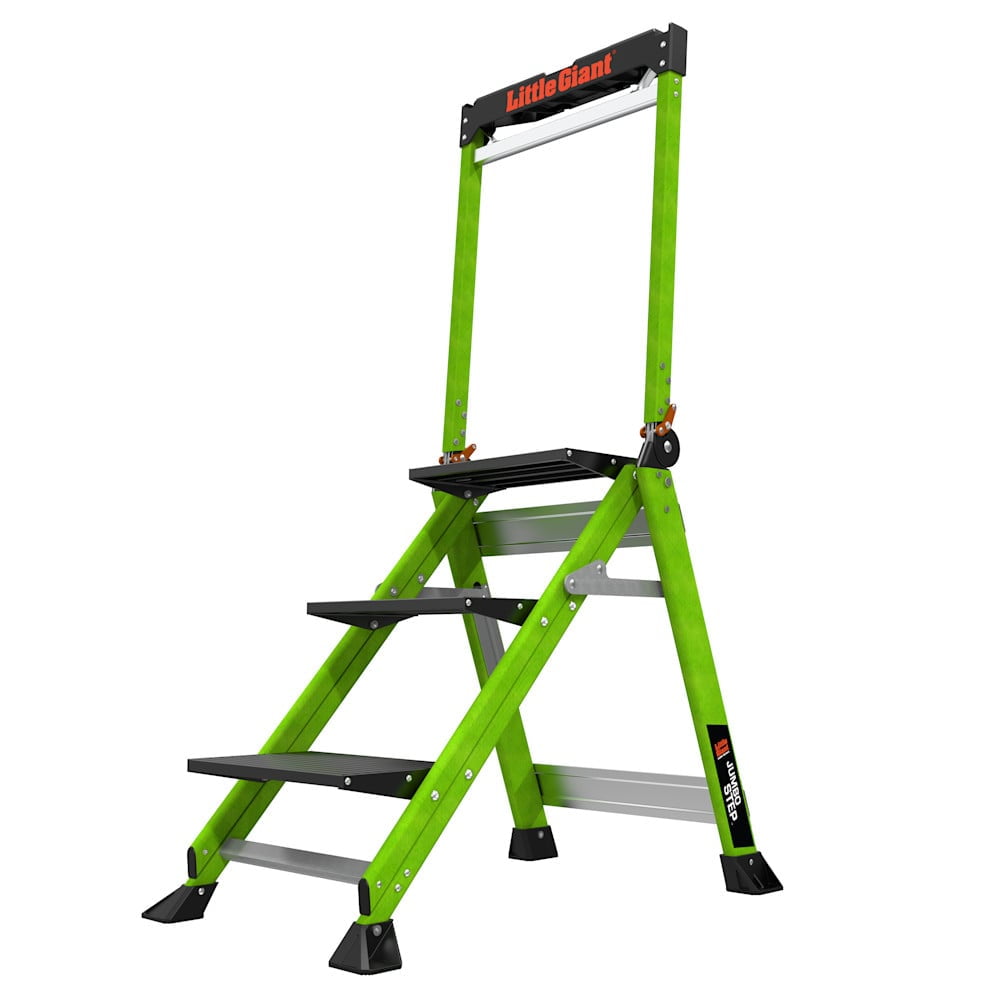 Green and Black Fiberglass Folding 3-Step Ladder with Handrail