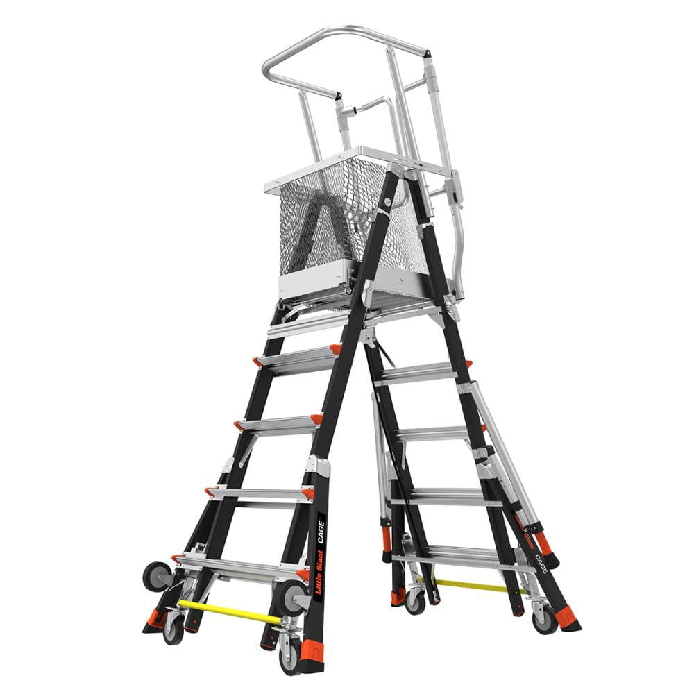 Little Giant Systems Adjustable Safety Cage Platform Ladder, 118.00 x 46.60 x 15.30 in, Fiberglass