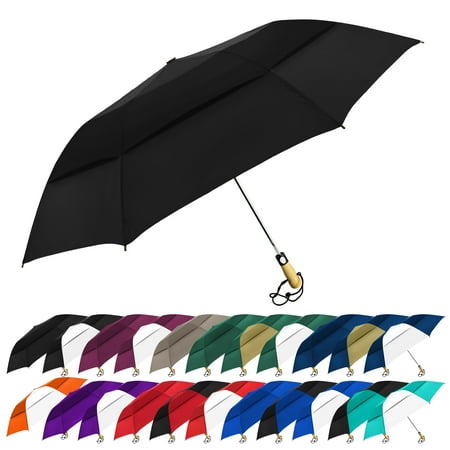 The Little Giant Vented Large 58 Inch Automatic Open Folding Golf Umbrella, Portable Strong Fiberglass Ribs Travel Umbrella, Oversize Folding Umbrella with Wooden Handle for Men & Women, Black