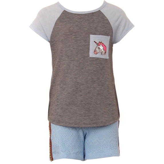 Little Girl 2 Pieces Girls Clothing Set Unicorn Top Lace Short Girls Short Set Blue 4 JKS 2159 BNY Corner
