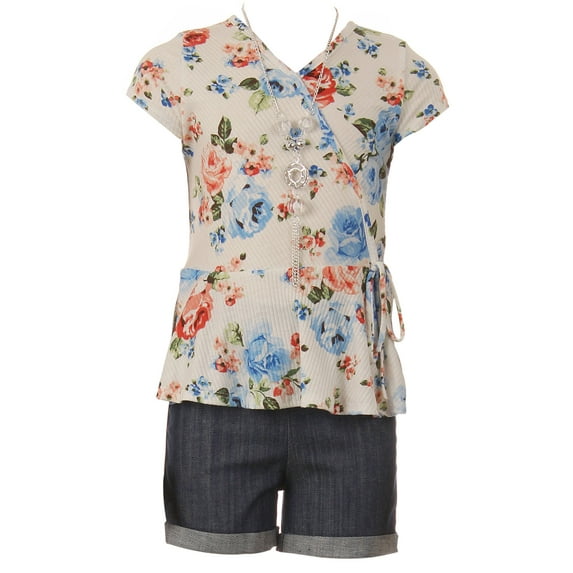 Little Girl 3 PCS Short Set Floral Top Tee Jean Pant Girl Kids Clothing Off White 4 (21JK40S)