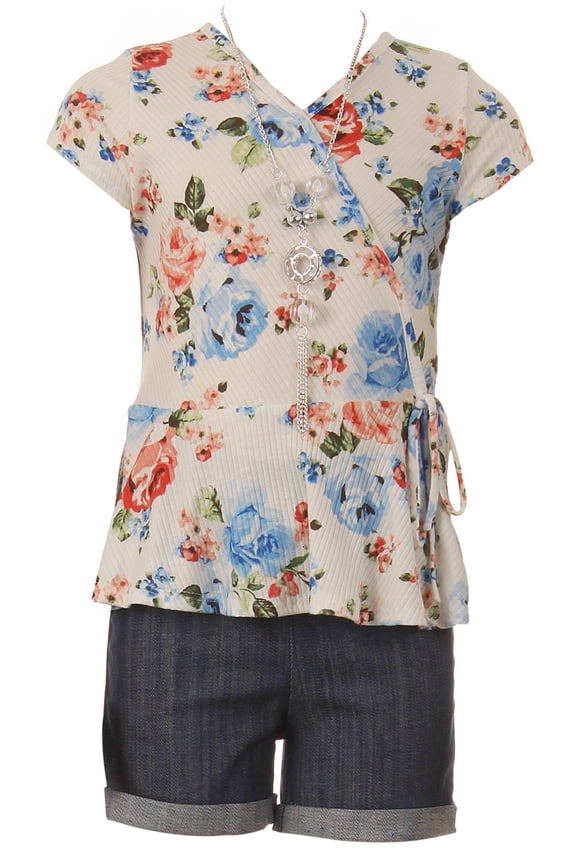 Little Girl 3 PCS Short Set Floral Top Tee Jean Pant Girl Kids Clothing Off White 6 (21JK40S)