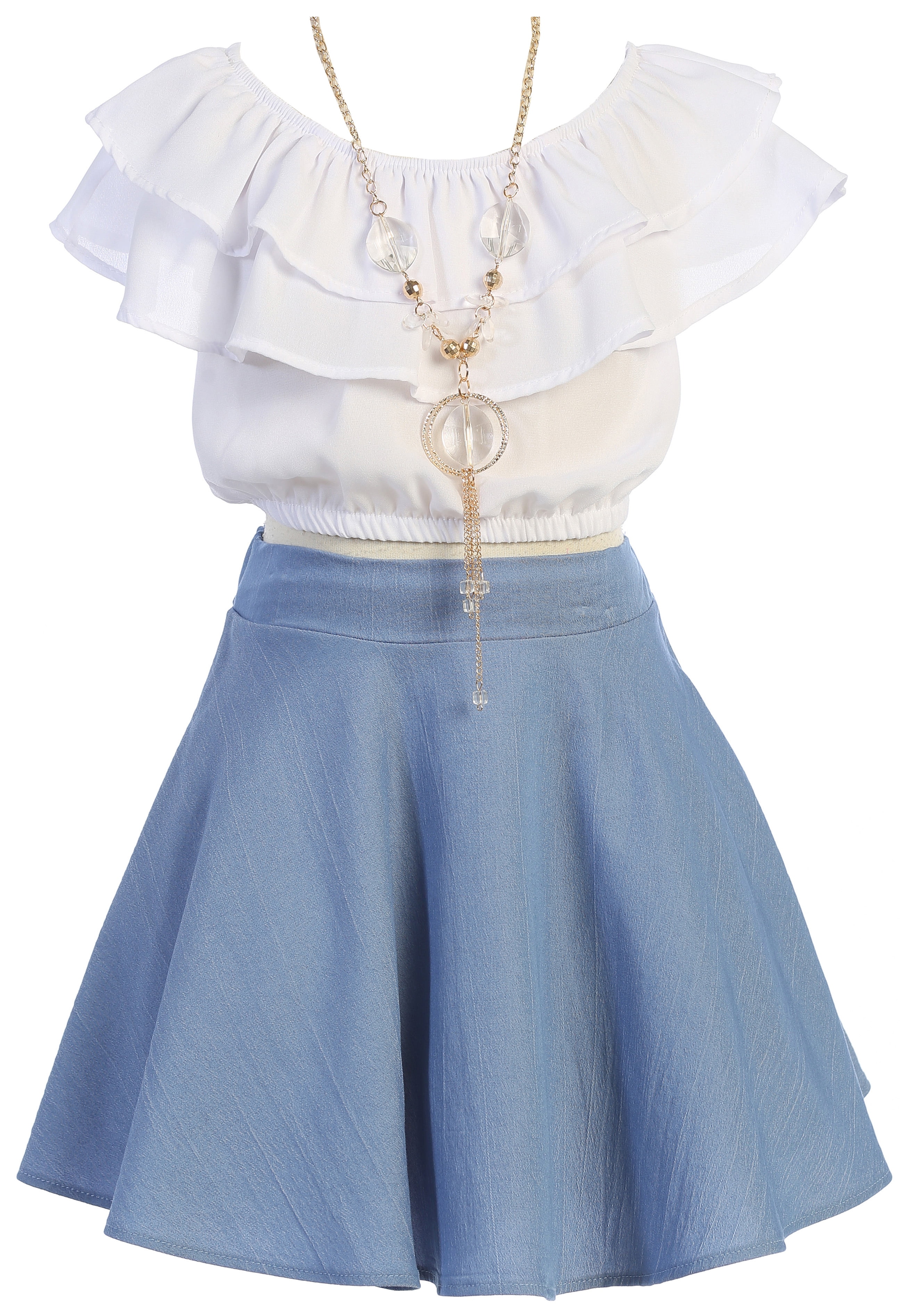 Daddy’s Little Princess Summer Girls Denim Skirt Set – Pink Ruffle Top Outfit