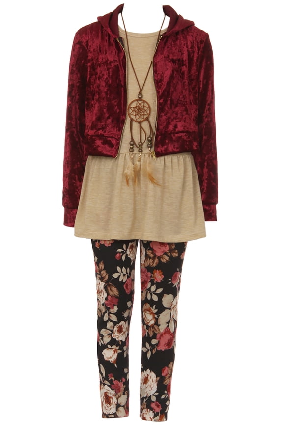 Little Girl 4 Pieces Jacket Tank Top Legging Necklace Winter Girls Pant Set Burgundy 6 JKS 2099 BNY Corner