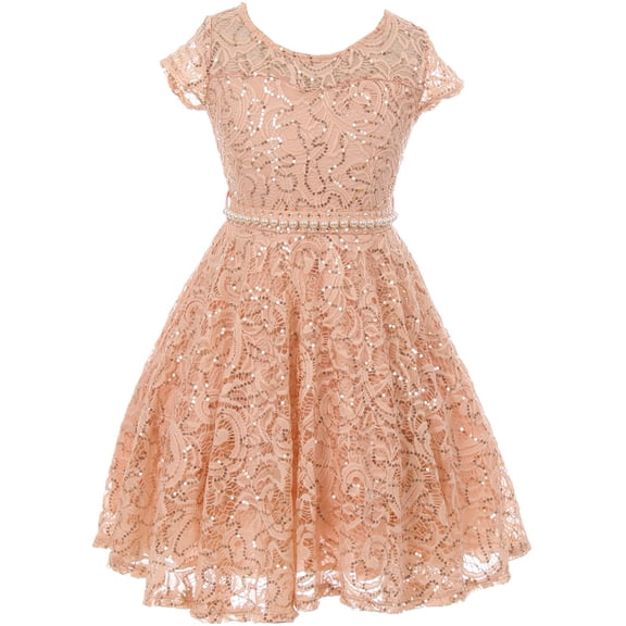 Little Girl Cap Sleeve Floral Lace Glitter Pearl Holiday Party Flower Girl Dress Blush 4 JKS 2102 BNY Corner