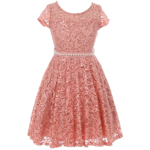 Little Girl Cap Sleeve Floral Lace Glitter Pearl Holiday Party Flower Girl Dress Rose 4 JKS 2102 BNY Corner