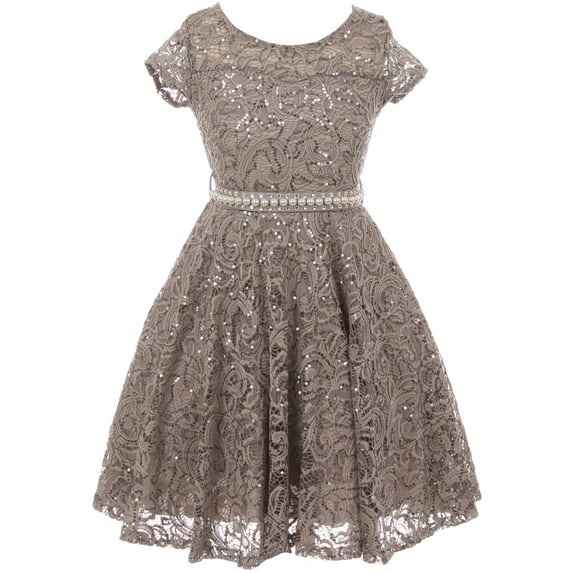 Little Girl Cap Sleeve Floral Lace Glitter Pearl Holiday Party Flower Girl Dress Silver 4 JKS 2102 BNY Corner