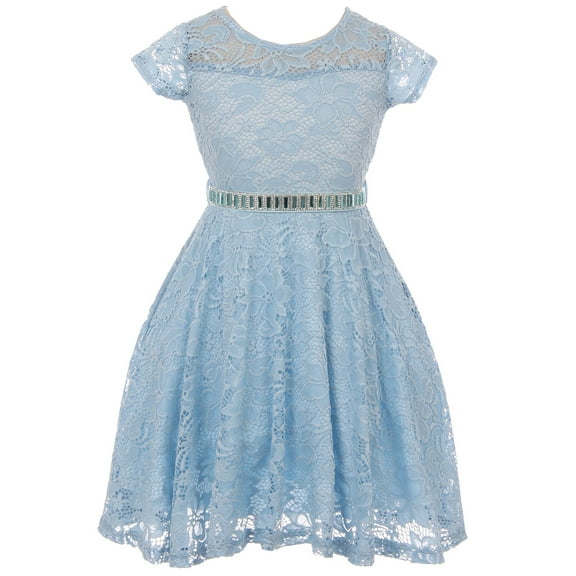 Little Girl Cap Sleeve Lace Skater Stone Belt Flower Girls Dresses (19JK88S) Blue 4