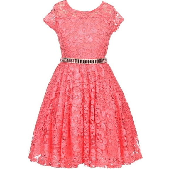 Little Girl Cap Sleeve Lace Skater Stone Belt Flower Girls Dresses (19JK88S) Coral 4