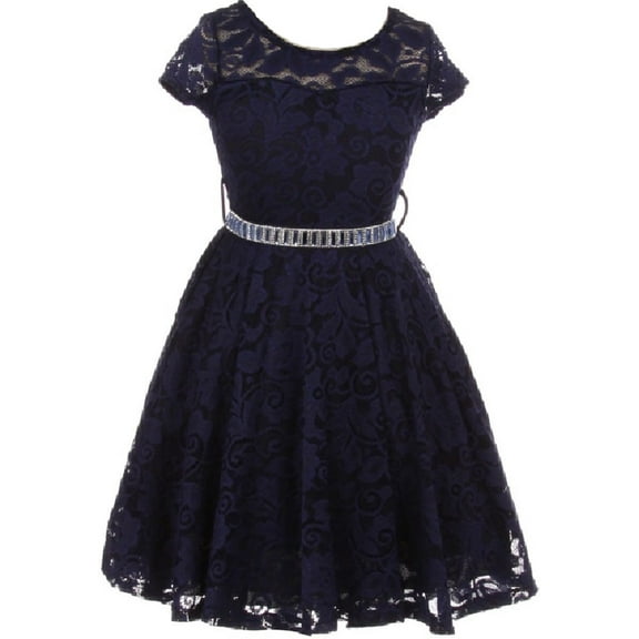Little Girl Cap Sleeve Lace Skater Stone Belt Flower Girls Dresses (19JK88S) Navy 6