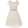thumbnail image 1 of Little Girl Cap Sleeve Lace Skater Stone Belt Flower Girls Dresses (19JK88S) Off White 2, 1 of 4