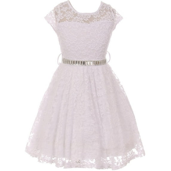 Little Girl Cap Sleeve Lace Skater Stone Belt Flower Girls Dresses (19JK88S) White 6