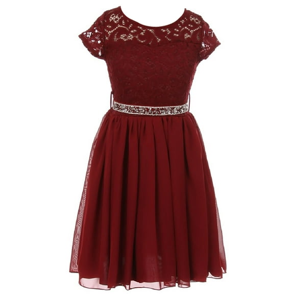 Little Girl Cap Sleeve Lace Top Chiffon Holiday Flower Girl Dress (20JK53S) Burgundy 6